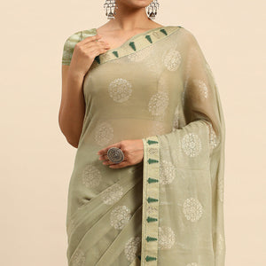 Light Green Foil Printed With Swarovski Chiffon Saree