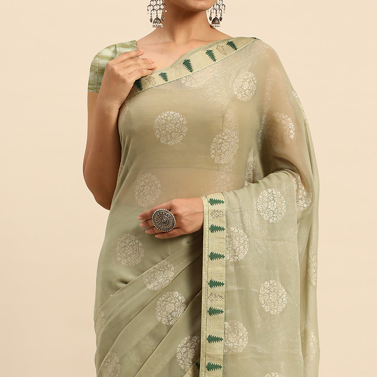 Light Green Foil Printed With Swarovski Chiffon Saree