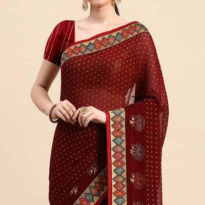 Maroon Foil Printed With Swarovski Zomato Silk Saree