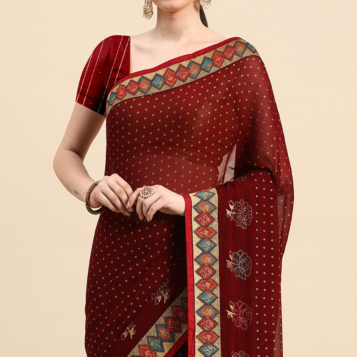 Maroon Foil Printed With Swarovski Zomato Silk Saree