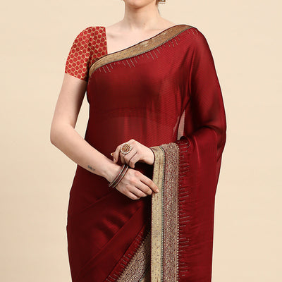 Maroon Swarovski With Fancy Border Satin Silk Saree