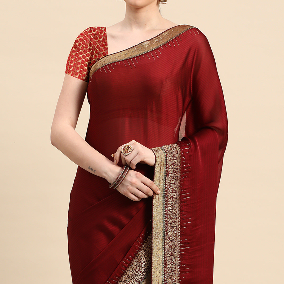 Maroon Swarovski With Fancy Border Satin Silk Saree