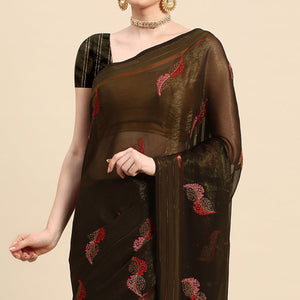 Mehendi Green Swarovski With Embroidery Work Chiffon Saree