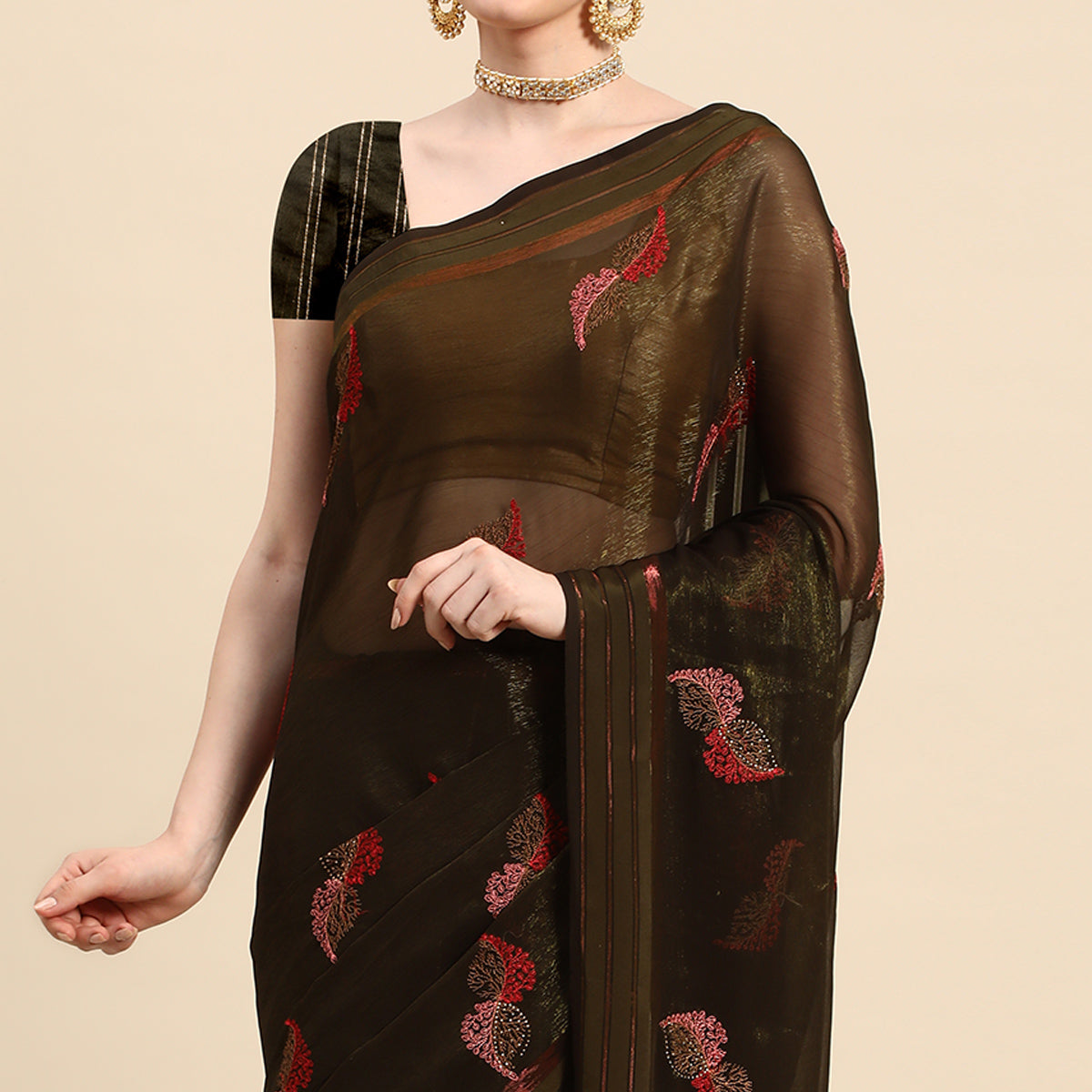 Mehendi Green Swarovski With Embroidery Work Chiffon Saree