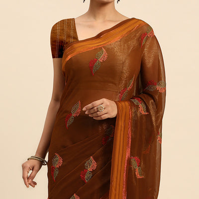Brown Swarovski With Embroidery Work Chiffon Saree