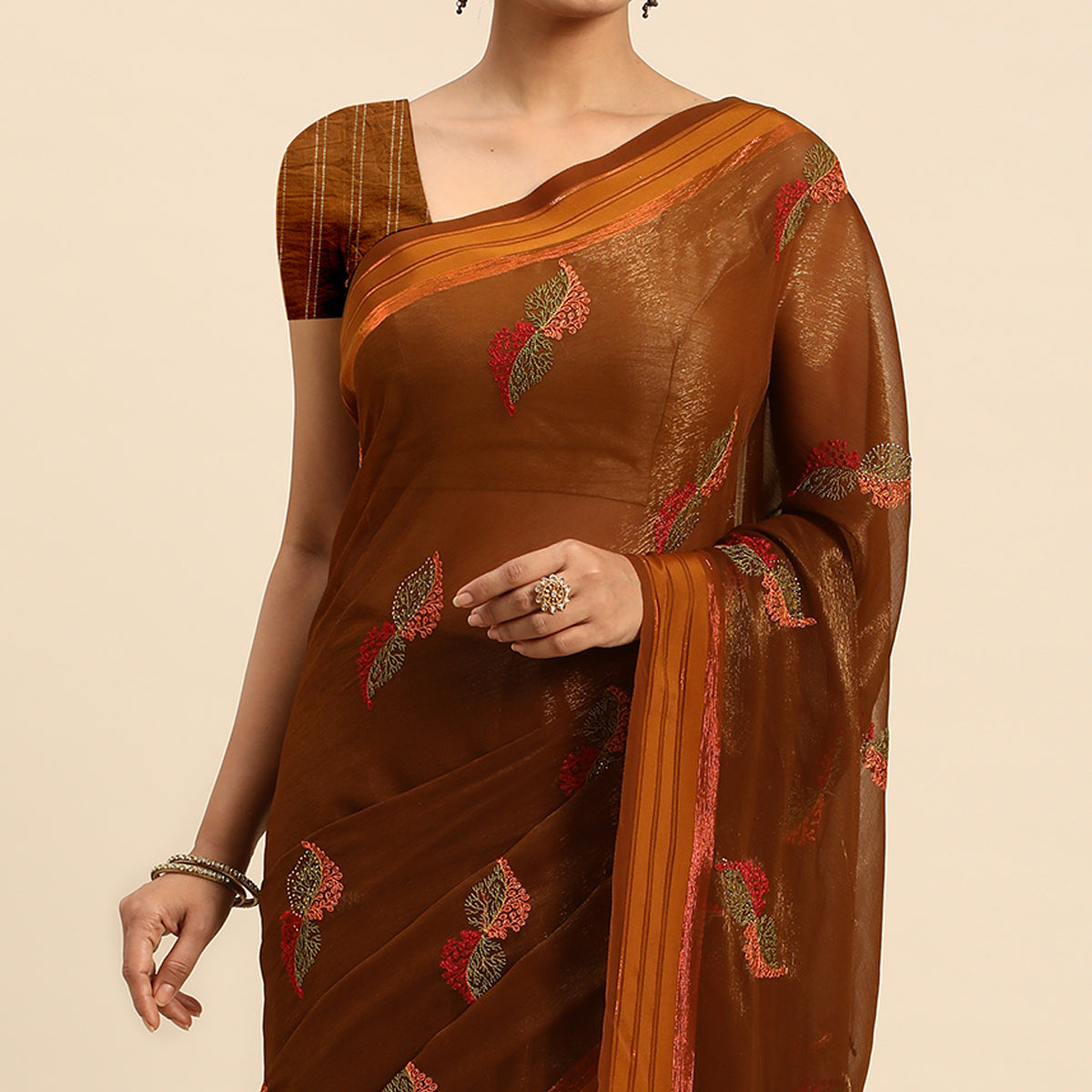 Brown Swarovski With Embroidery Work Chiffon Saree