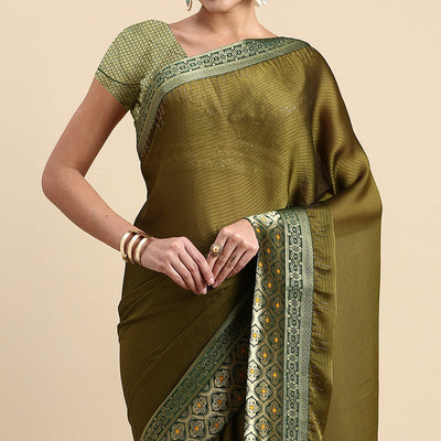 Mehndi Green Swaroski Work With Woven Border Satin Saree