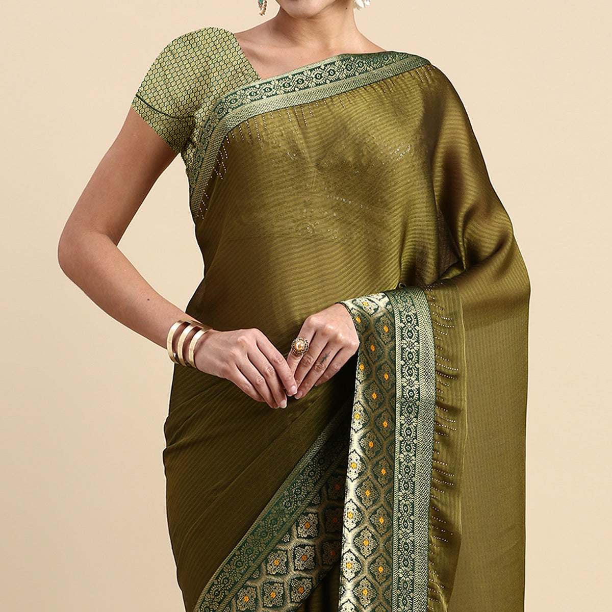 Mehndi Green Swaroski Work With Woven Border Satin Saree