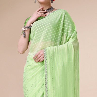Light Green Zari Striped With Swarovski Work Chiffon Saree
