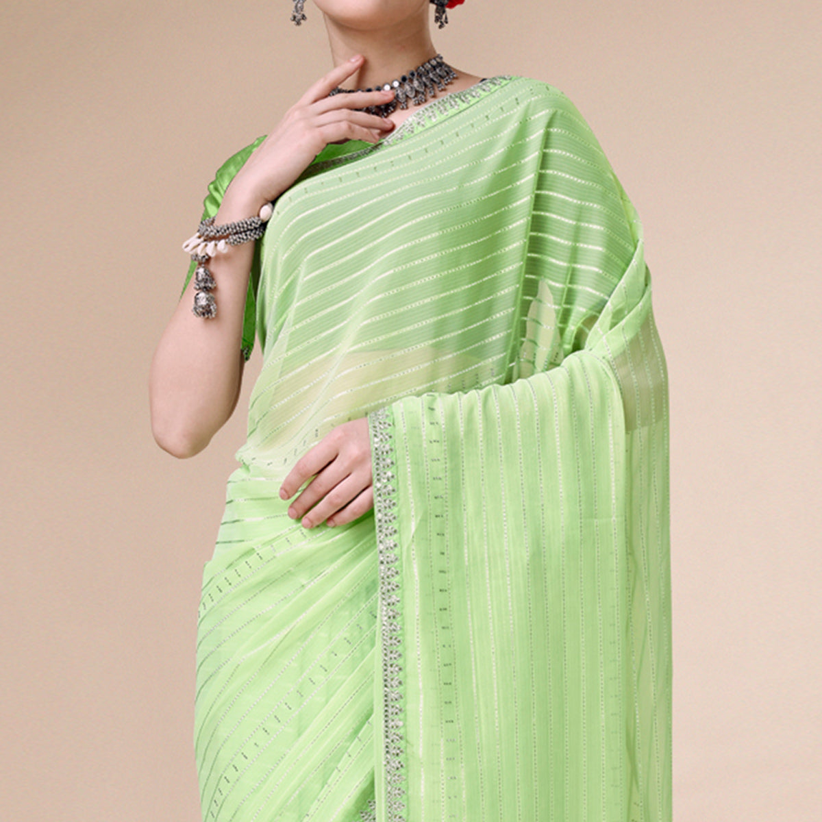 Light Green Zari Striped With Swarovski Work Chiffon Saree