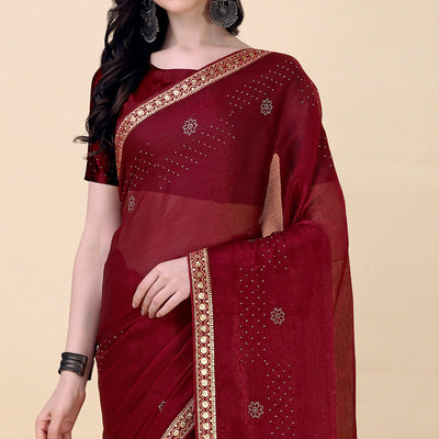Maroon Swarovski With Sequins Embroidered Chiffon Saree