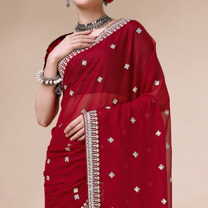 Maroon Sequins Embroidered Chiffon Saree