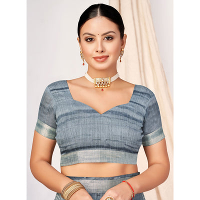 Grey Printed Cotton Silk Saree With Woven Border