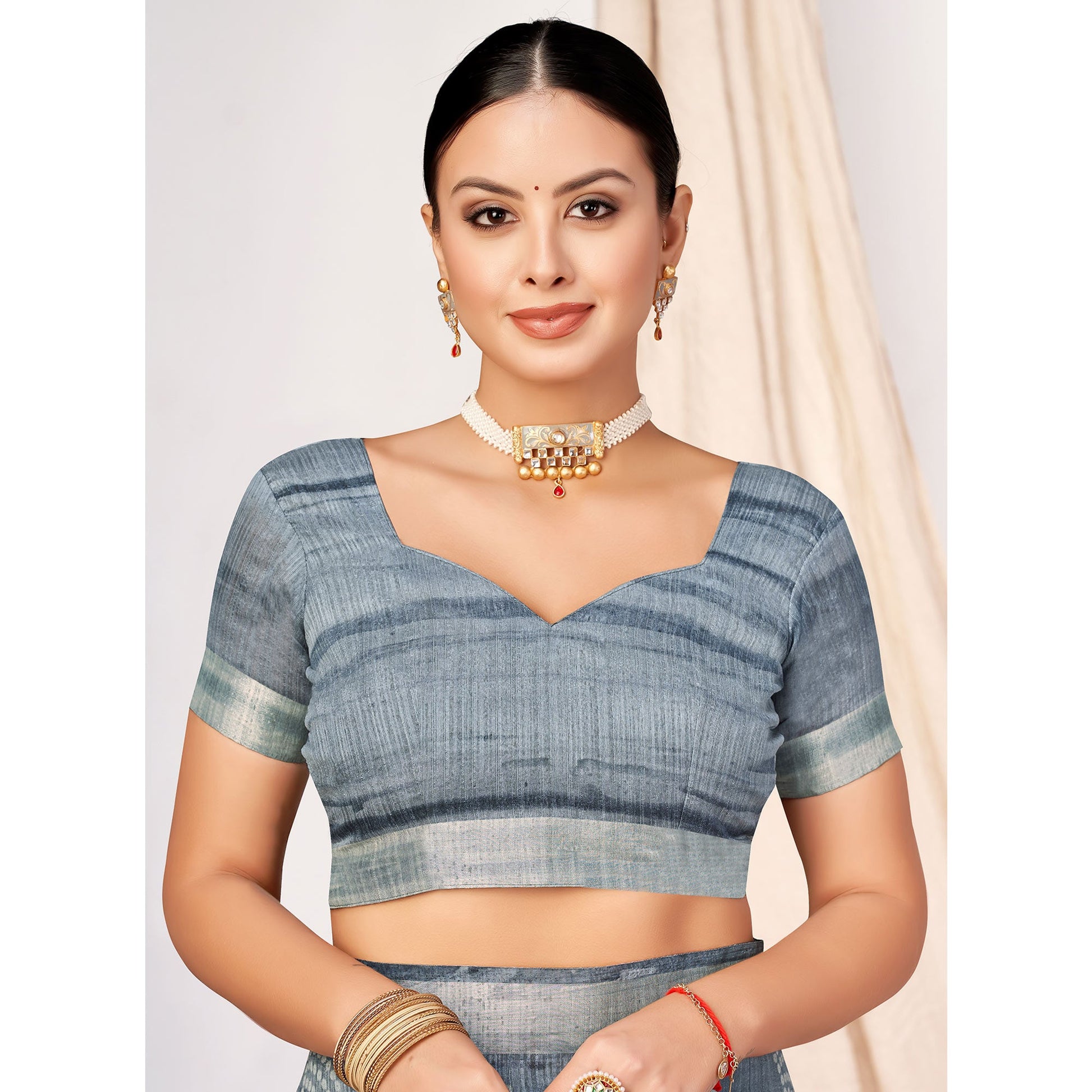 Grey Printed Cotton Silk Saree With Woven Border