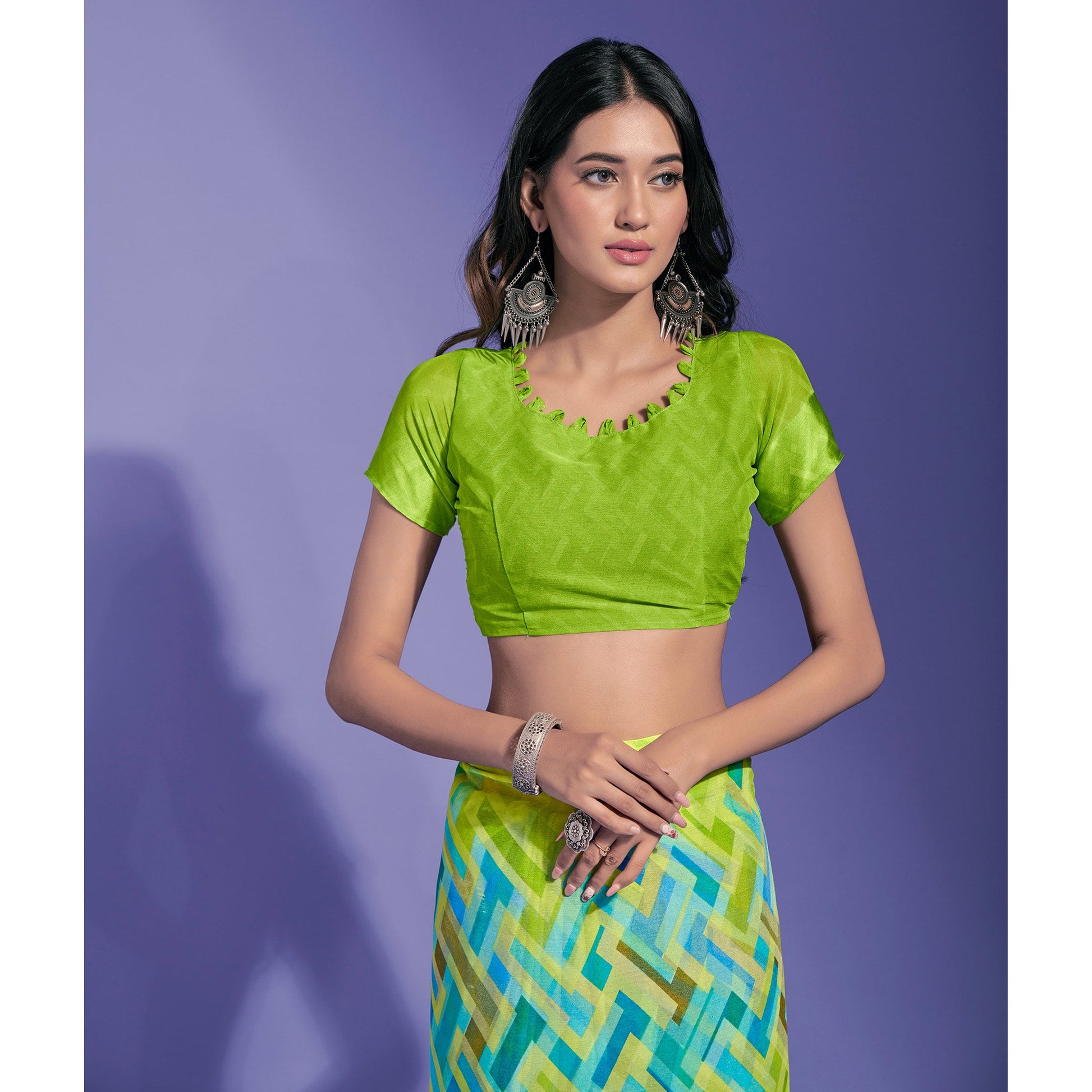 3green-geometric-printed-chiffon-saree