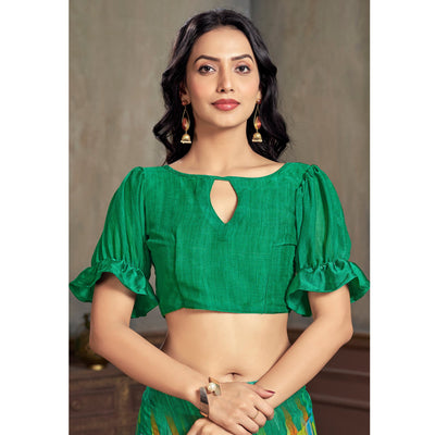 green-printed-chiffon-saree-with-woven-border