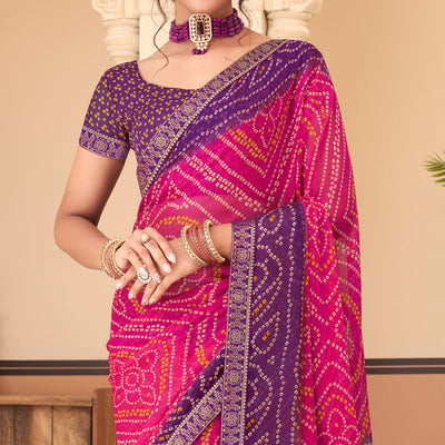 Magenta & Purple Bandhani Printed Chiffon Saree With Lace Border