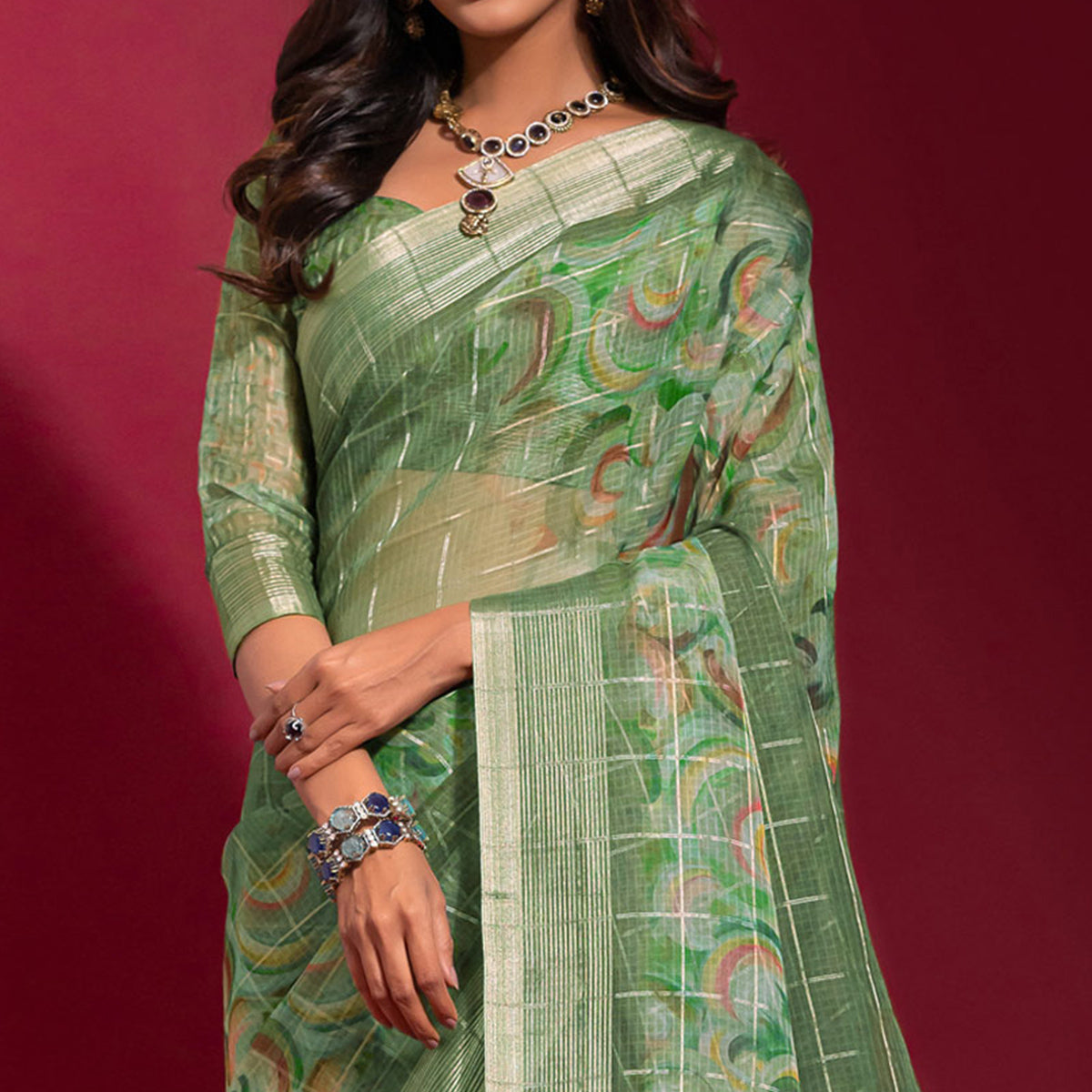 green-digital-printed-with-zari-work-linen-saree