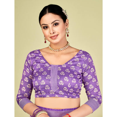 Lavender Printed Tussar Silk Saree