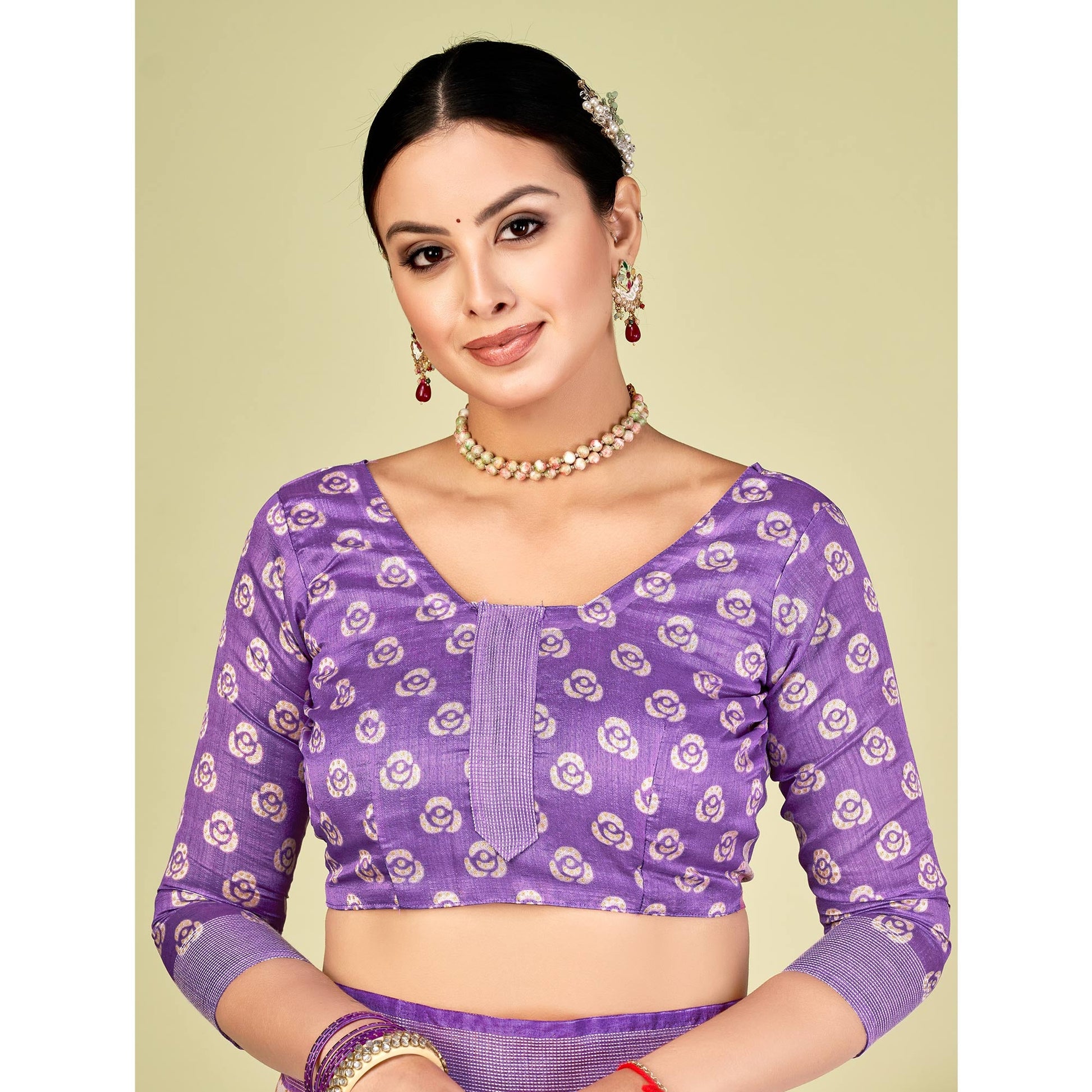 Lavender Printed Tussar Silk Saree