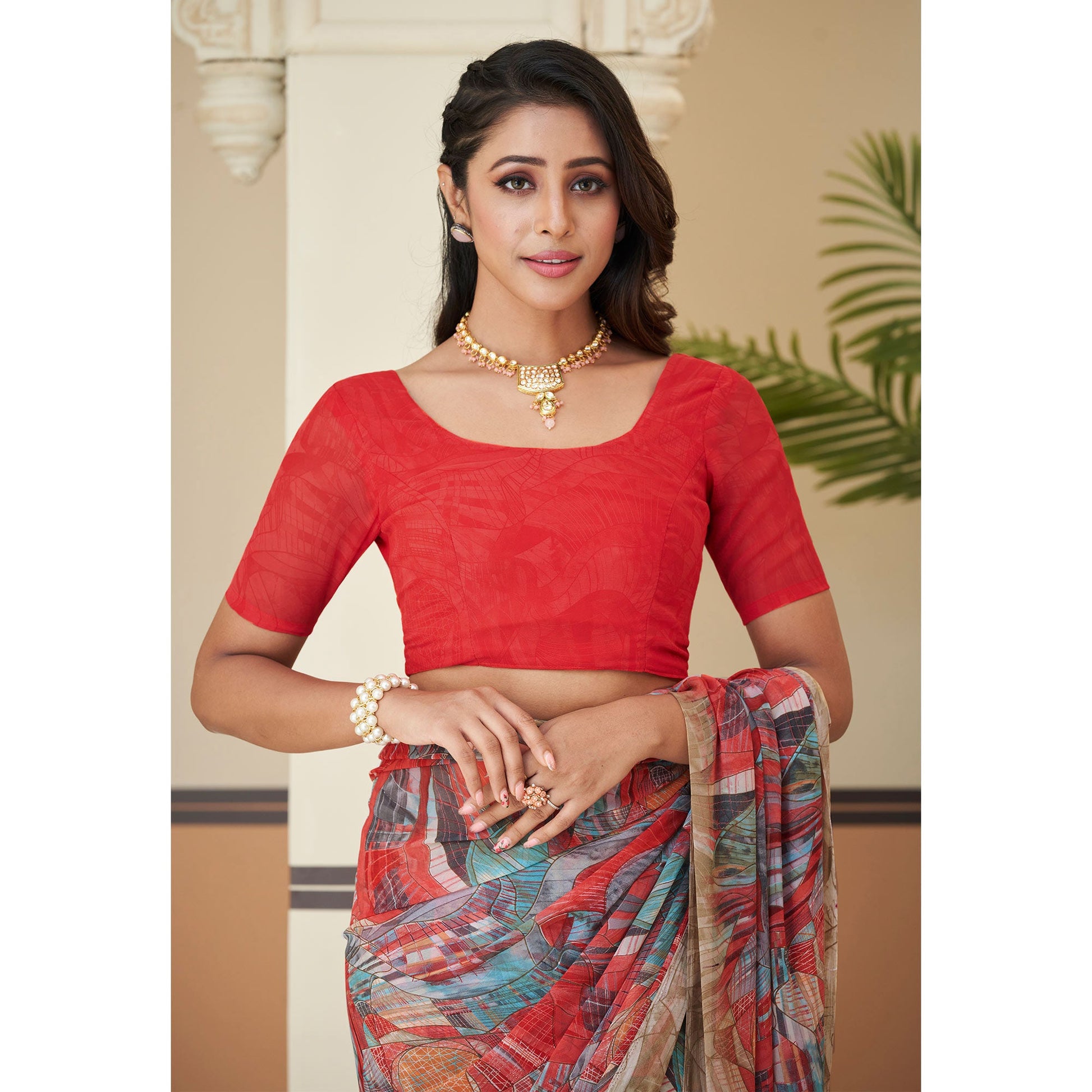 Multicolor Geometric Printed Georgette Saree