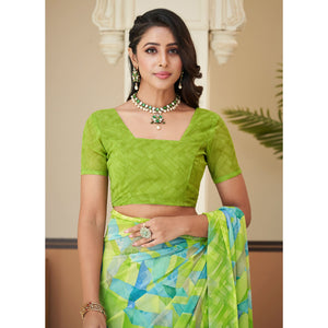 Lemon Green Geometric Printed Georgette Saree