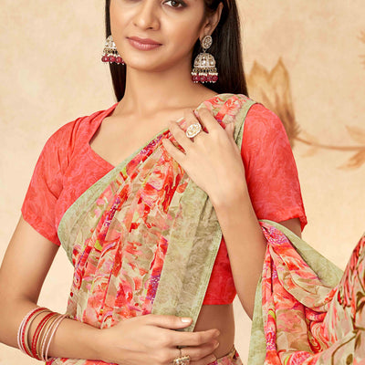 Gajri Pink Floral Printed Georgette Saree