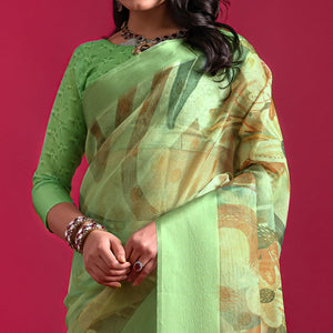 green-floral-digital-printed-linen-saree-with-woven-border