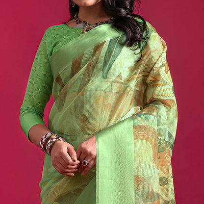 green-floral-digital-printed-linen-saree-with-woven-border
