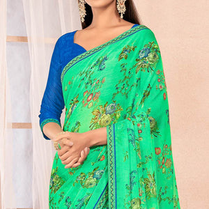 Mint Green Floral Printed Chiffon Saree With Lace Border