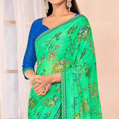 Mint Green Floral Printed Chiffon Saree With Lace Border