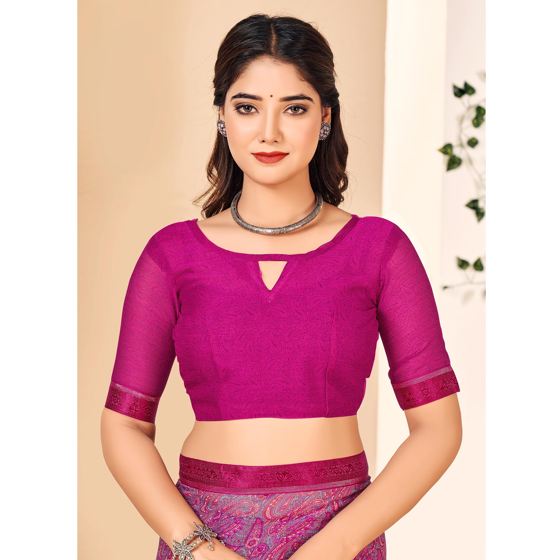 Magenta Floral Printed Chiffon Saree With Lace Border