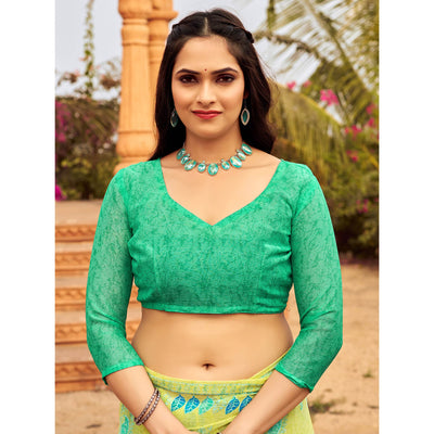 Lemon Green Printed Chiffon Saree