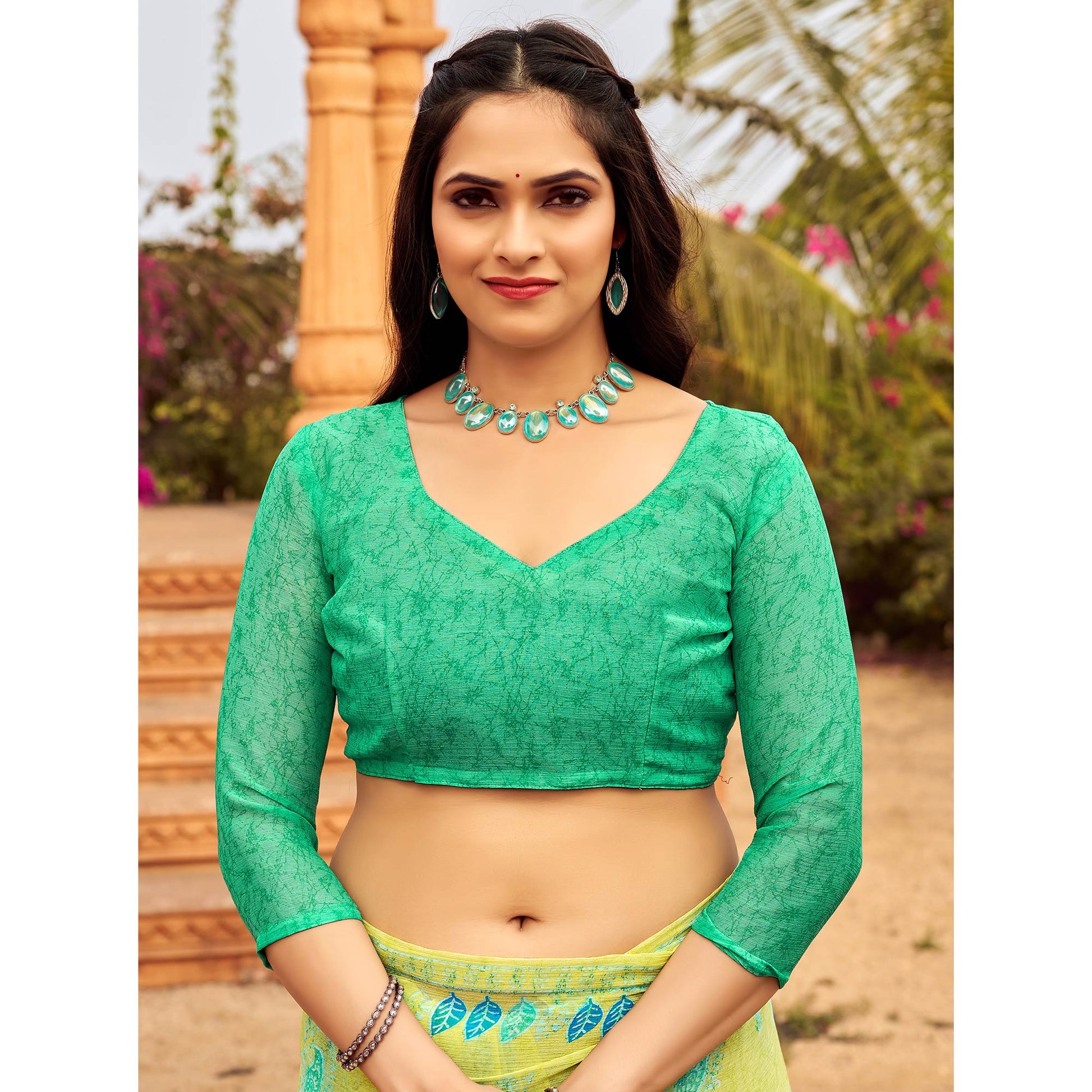 Lemon Green Printed Chiffon Saree