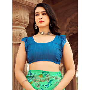 Mint Green Floral Printed Chiffon Saree