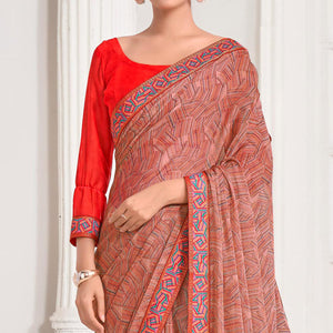 Brick Red Geometric Printed Chiffon Saree With Lace Border