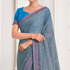 Bluish Grey Geometric Printed Chiffon Saree With Lace Border
