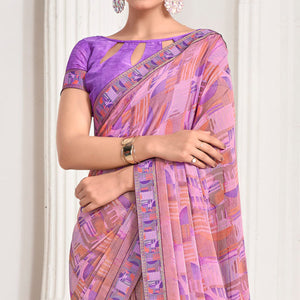 Lavender Geometric Printed Chiffon Saree With Lace Border