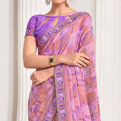 Lavender Geometric Printed Chiffon Saree With Lace Border