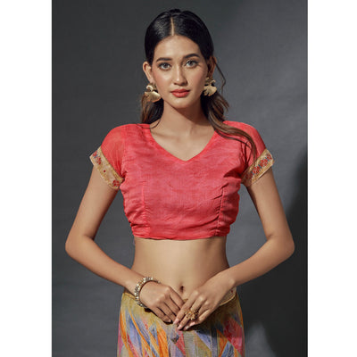 Chikoo Printed Chiffon Saree With Lace Border