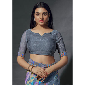 Grey Printed Chiffon Saree With Lace Border
