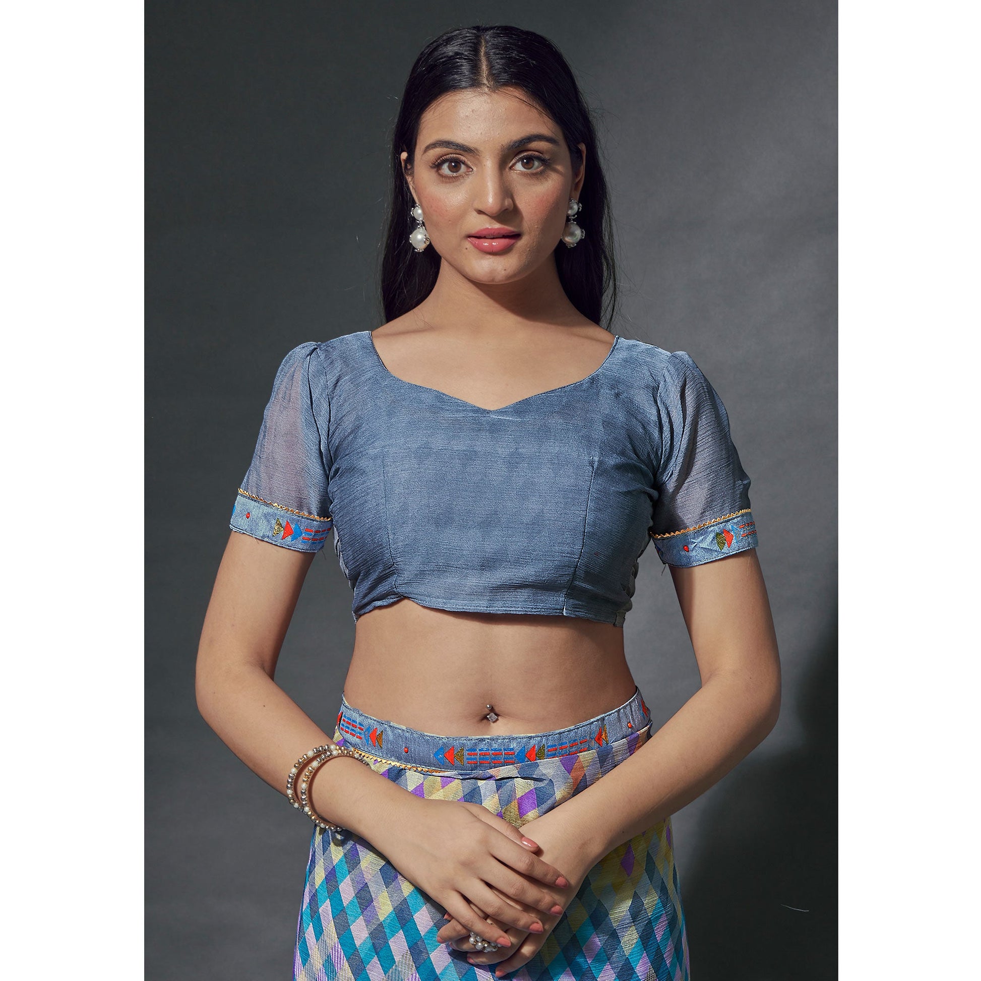 Grey Printed Chiffon Saree With Lace Border