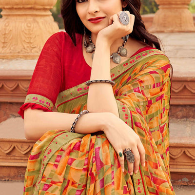 Dull Orange Abstract Printed Chiffon Saree