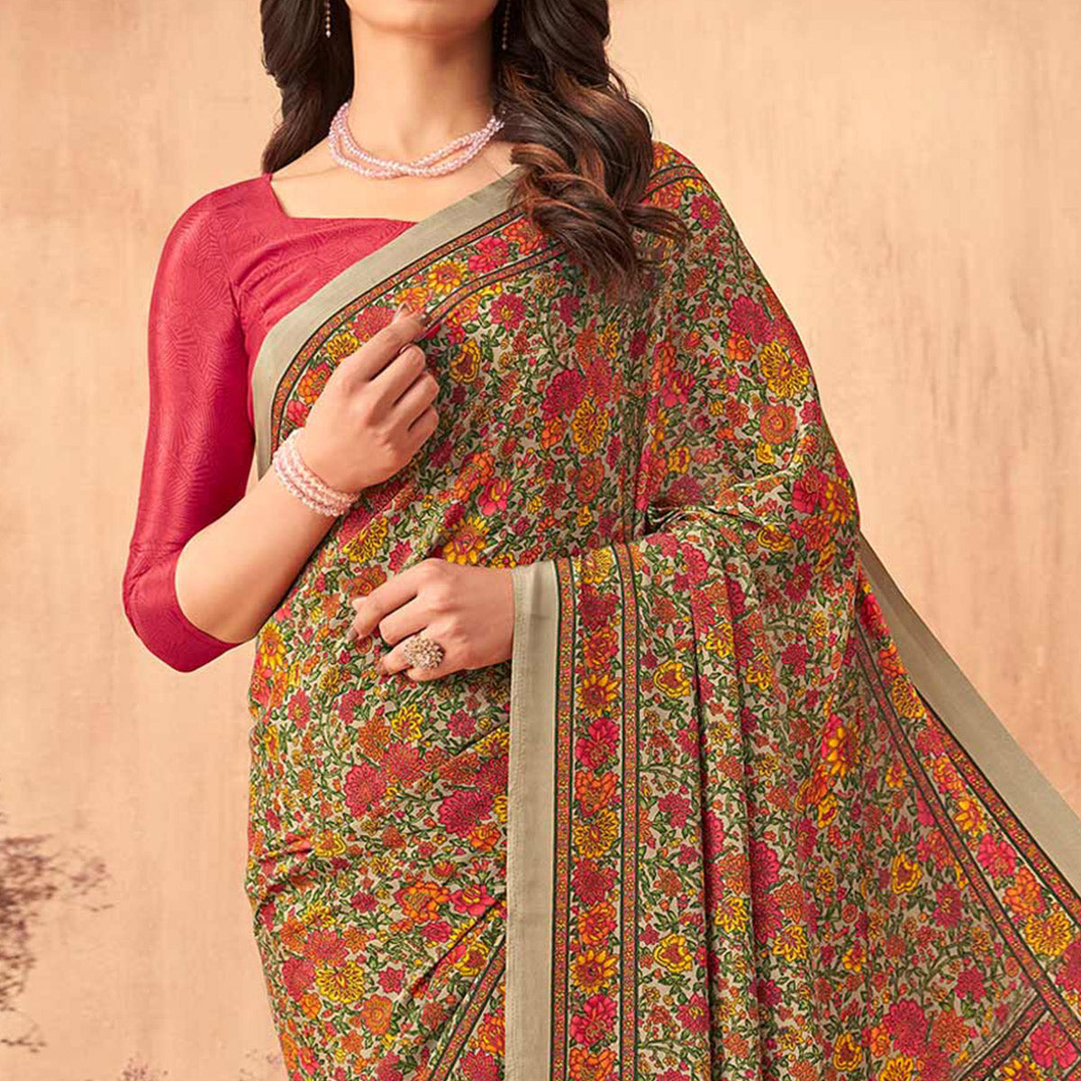 Multicolor Floral Printed Crepe Saree