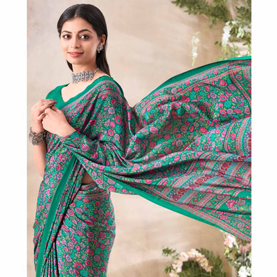 green-floral-printed-crepe-saree-4