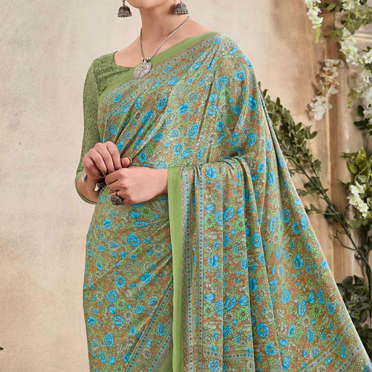 green-crepe-silk-floral-printed-saree