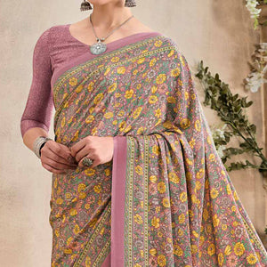 Mauve Crepe Silk Floral Printed  Saree