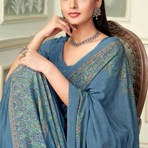 Bluish Grey Floral Printed Crepe Silk Saree