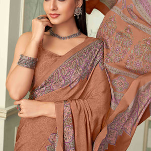 Brown Floral Printed Crepe Silk Saree