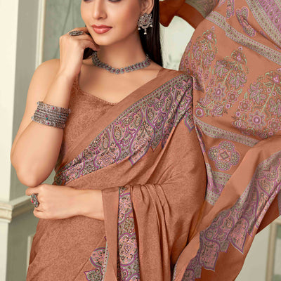 Brown Floral Printed Crepe Silk Saree